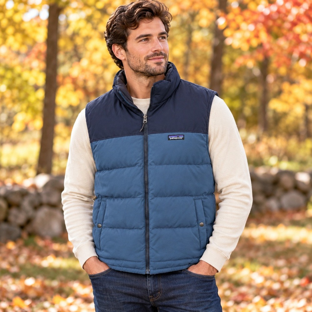 Patagonia Reversible Bivy Down Vest Mens Blue Olive Green Puffer 21x27